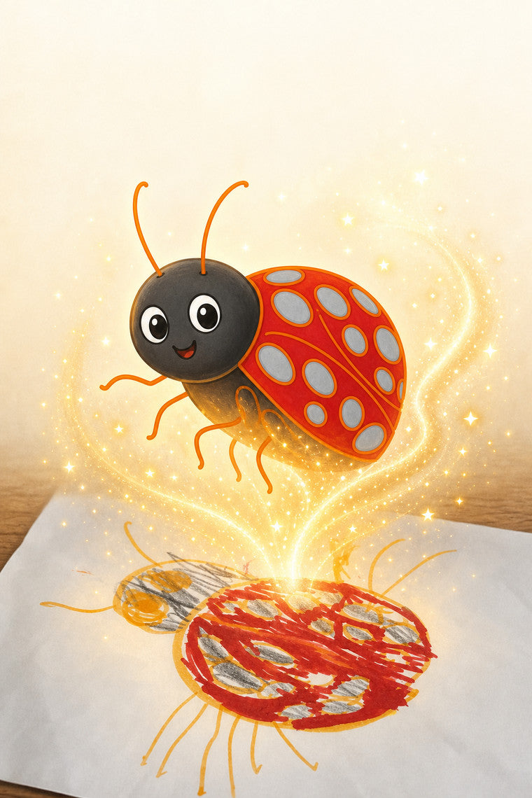 てんとくんの もよう:お子さまが描いた絵から、光をまとってキャラクターが生まれる場面