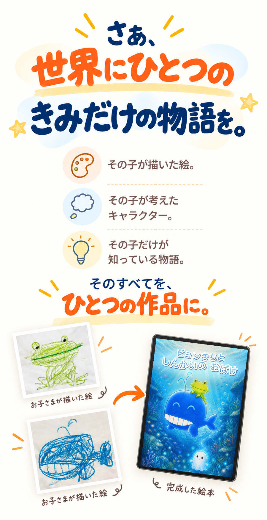 さあ、世界にひとつの きみだけの物語を。その子が描いた絵。その子が考えたキャラクター。その子だけが知っている物語。そのすべてを、ひとつの作品に。お子さまが描いた絵(カエル)と、お子さまが描いた絵(クジラ)から、完成した絵本へ。