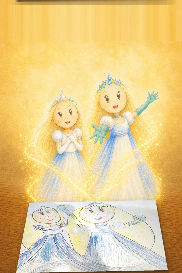 ほたるひめと ひかりひめの すてきな はなまつり：お子さまが描いた絵から、光をまとってキャラクターが生まれる場面