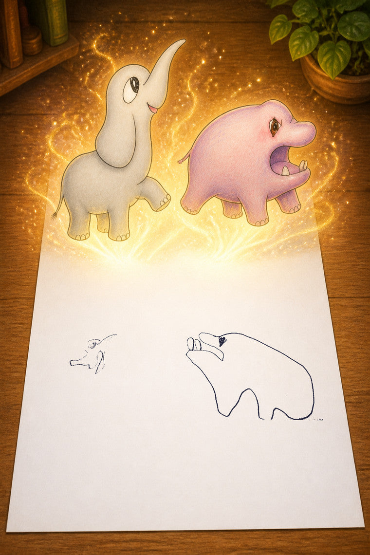 ゾウの パオと カバの ガブ：お子さまが描いた絵から、光をまとってキャラクターが生まれる場面