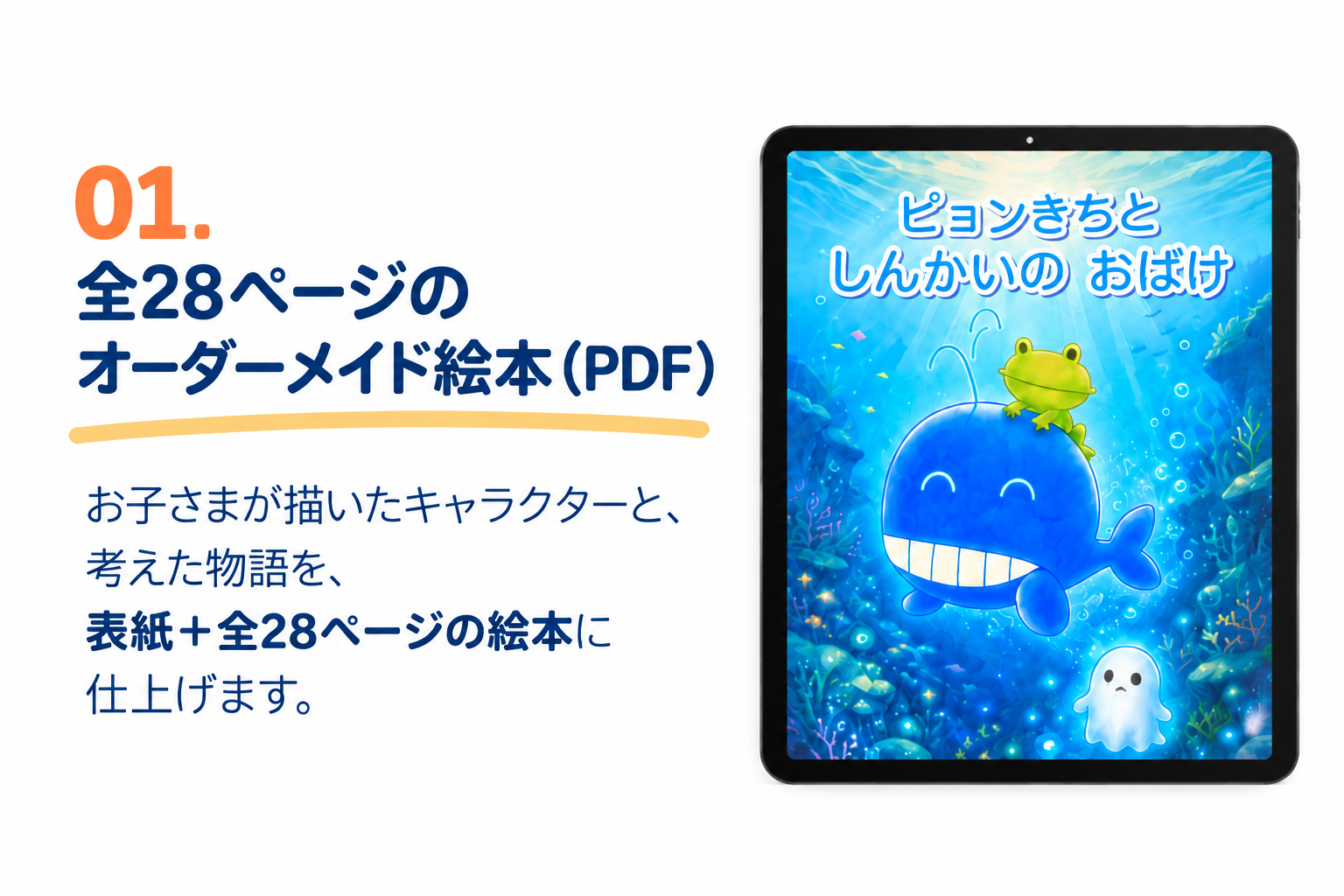 01 全28ページのオーダーメイド絵本（PDF）。お子さまが描いたキャラクターと、考えた物語を、表紙＋全28ページの絵本に仕上げます。