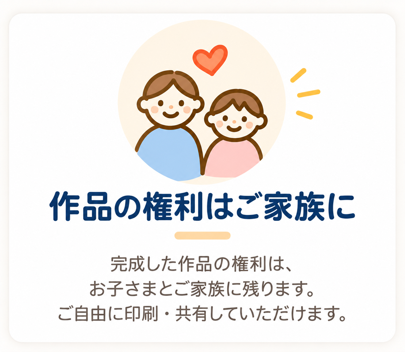 作品の権利はご家族に。完成した作品の権利は、お子さまとご家族に残ります。ご自由に印刷・共有していただけます。