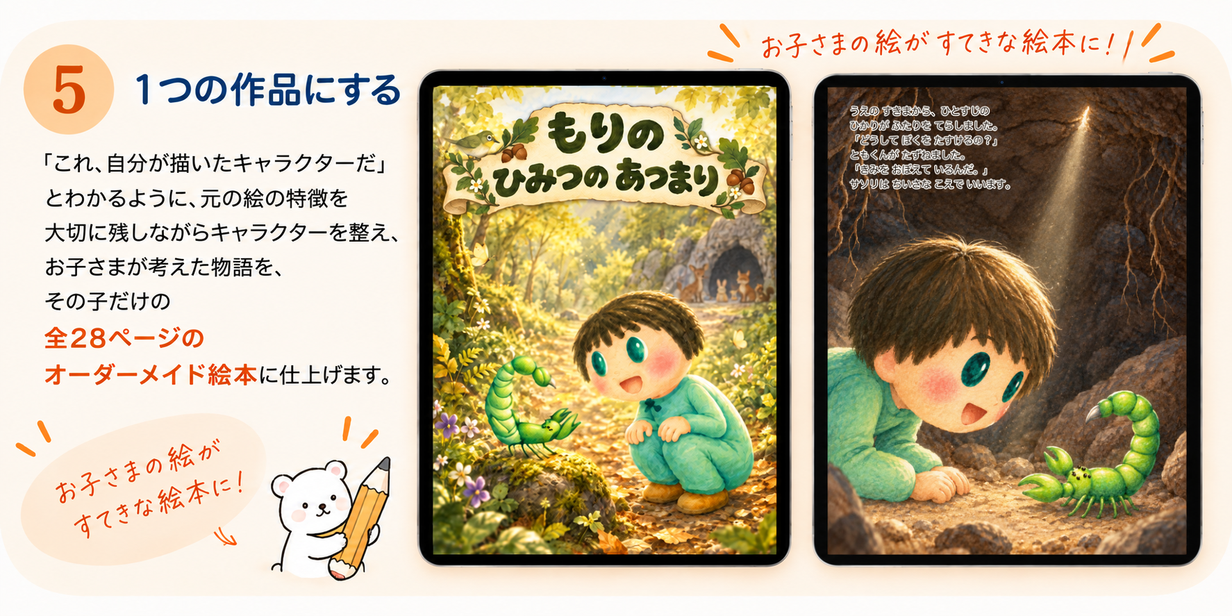 5 1つの作品にする。「これ、自分が描いたキャラクターだ」とわかるように、元の絵の特徴を大切に残しながらキャラクターを整え、お子さまが考えた物語を、その子だけの全28ページのオーダーメイド絵本に仕上げます。